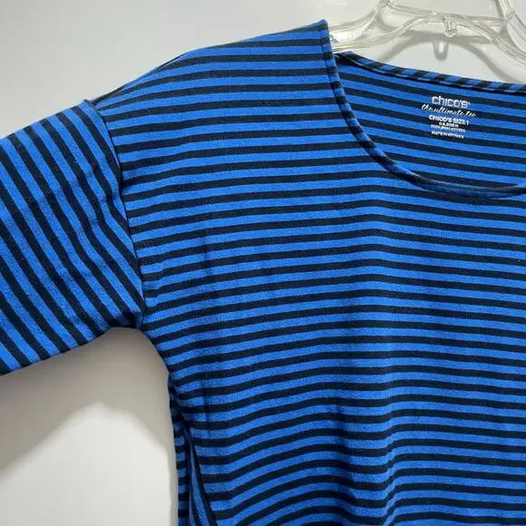 Chico's Top  Blue Striped Ultimate Tee Pima Cotton Side Slit 3/4 Sleeve size M/8 - Picture 3 of 9